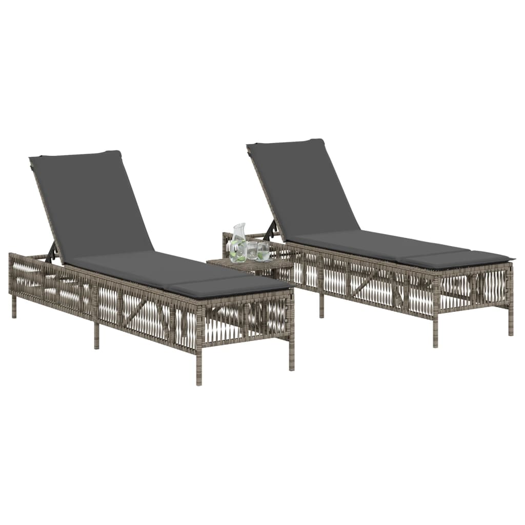 Sun Loungers 2 pcs with Table Grey Poly Rattan