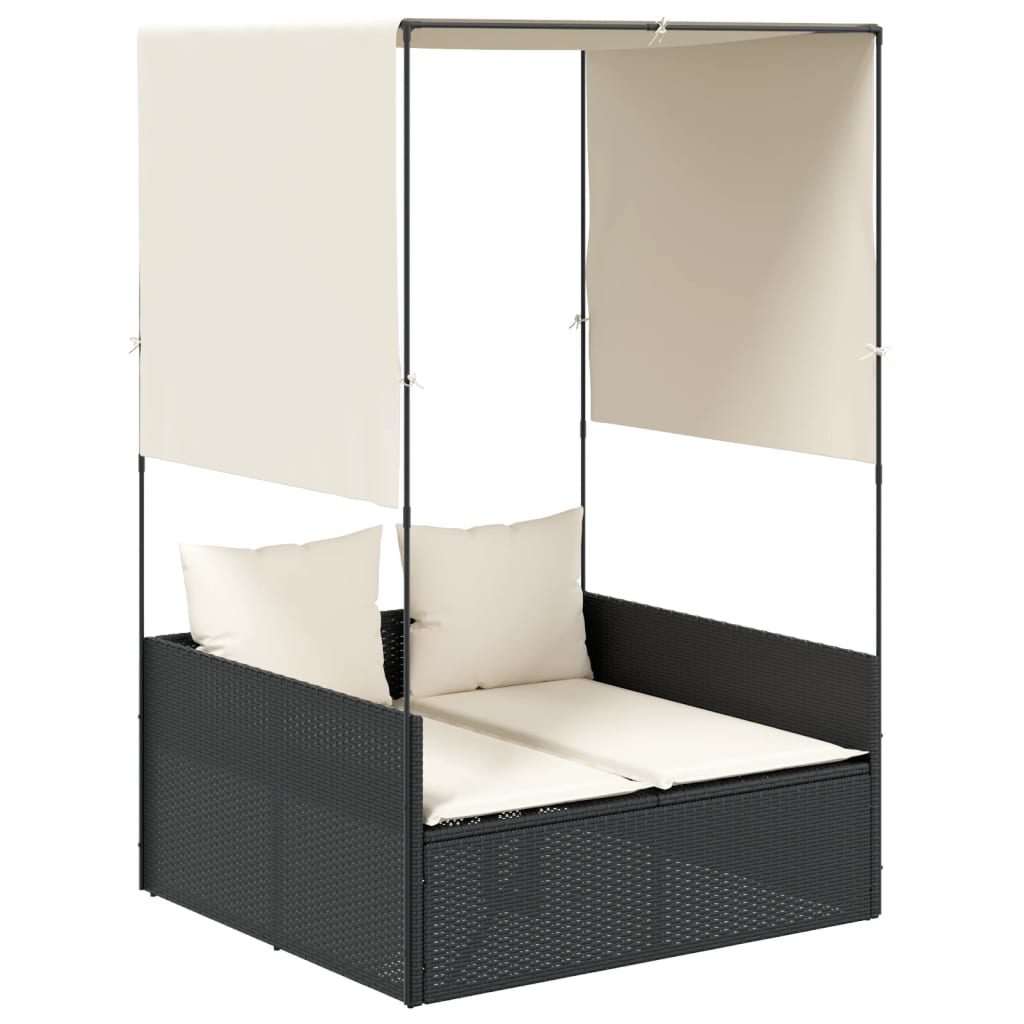 Double Sun Lounger with Roof and Curtains Black Poly Rattan