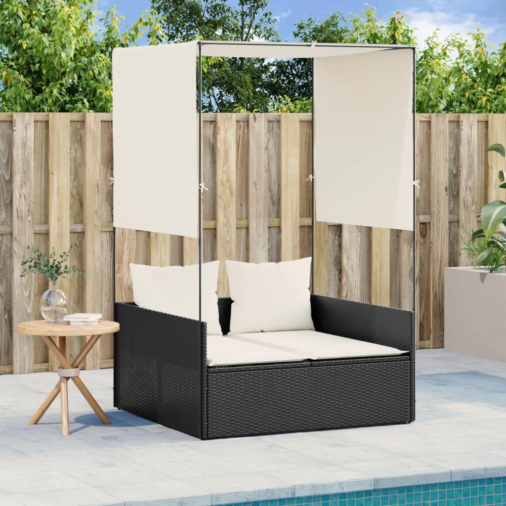 Double Sun Lounger with Roof and Curtains Black Poly Rattan