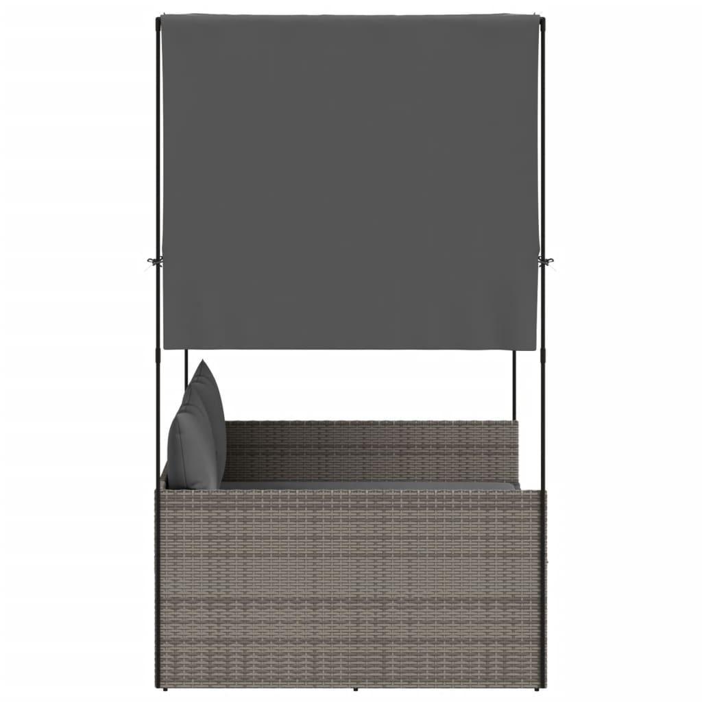 Double Sun Lounger with Roof and Curtains Grey Poly Rattan