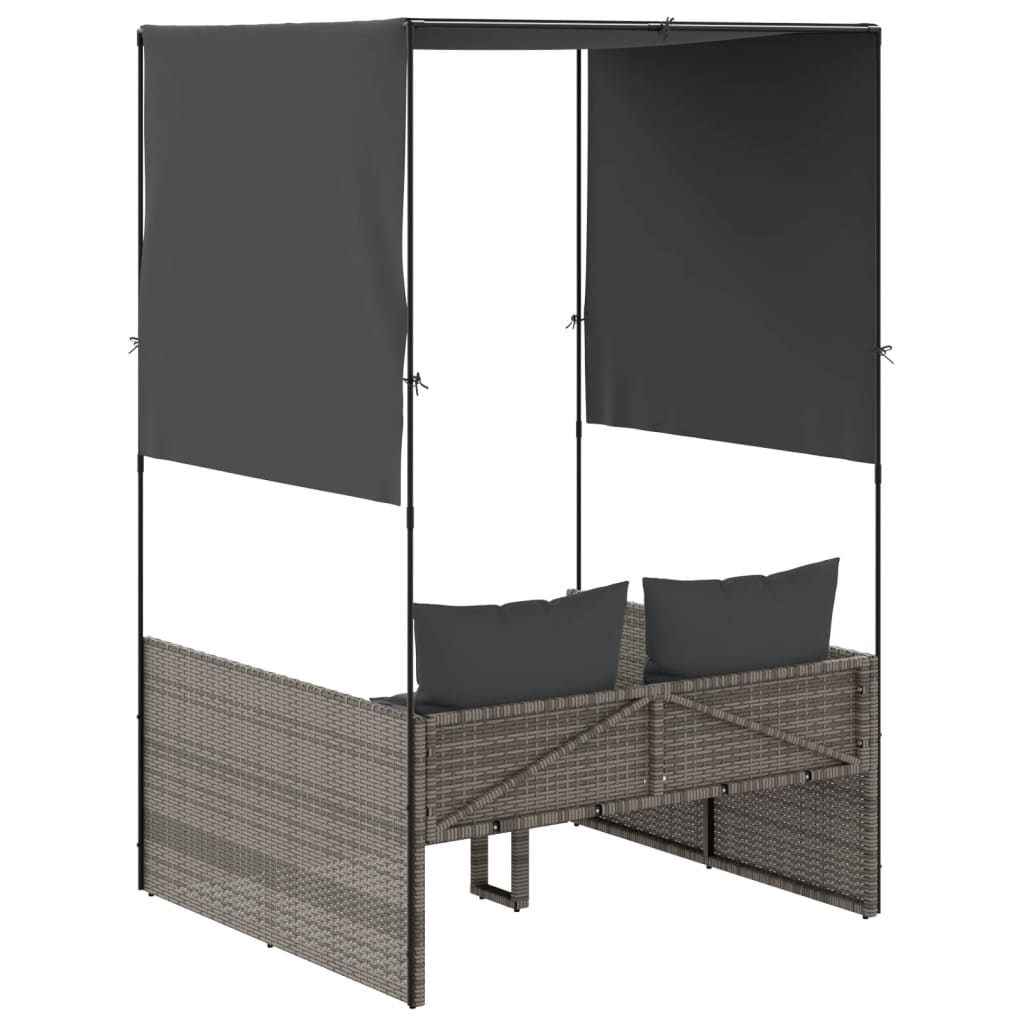 Double Sun Lounger with Roof and Curtains Grey Poly Rattan