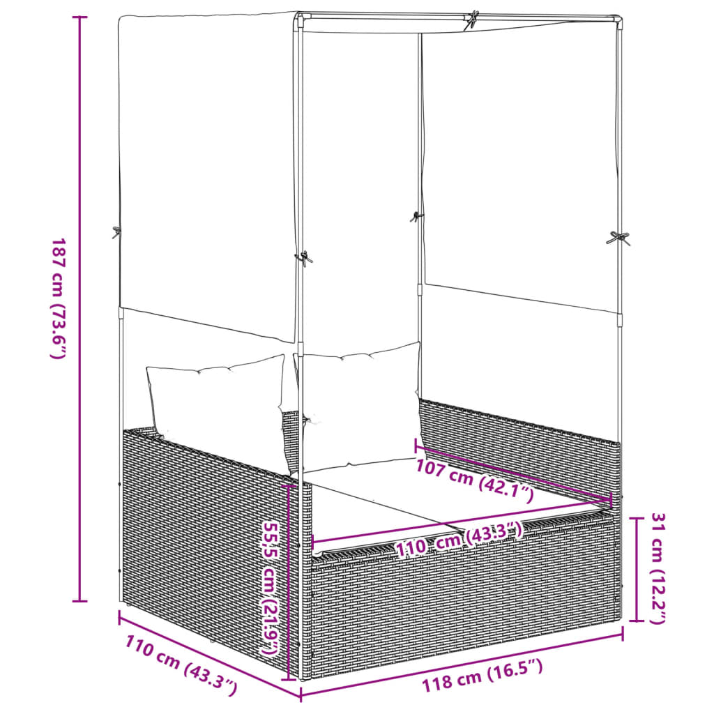 Double Sun Lounger with Roof and Curtains Grey Poly Rattan