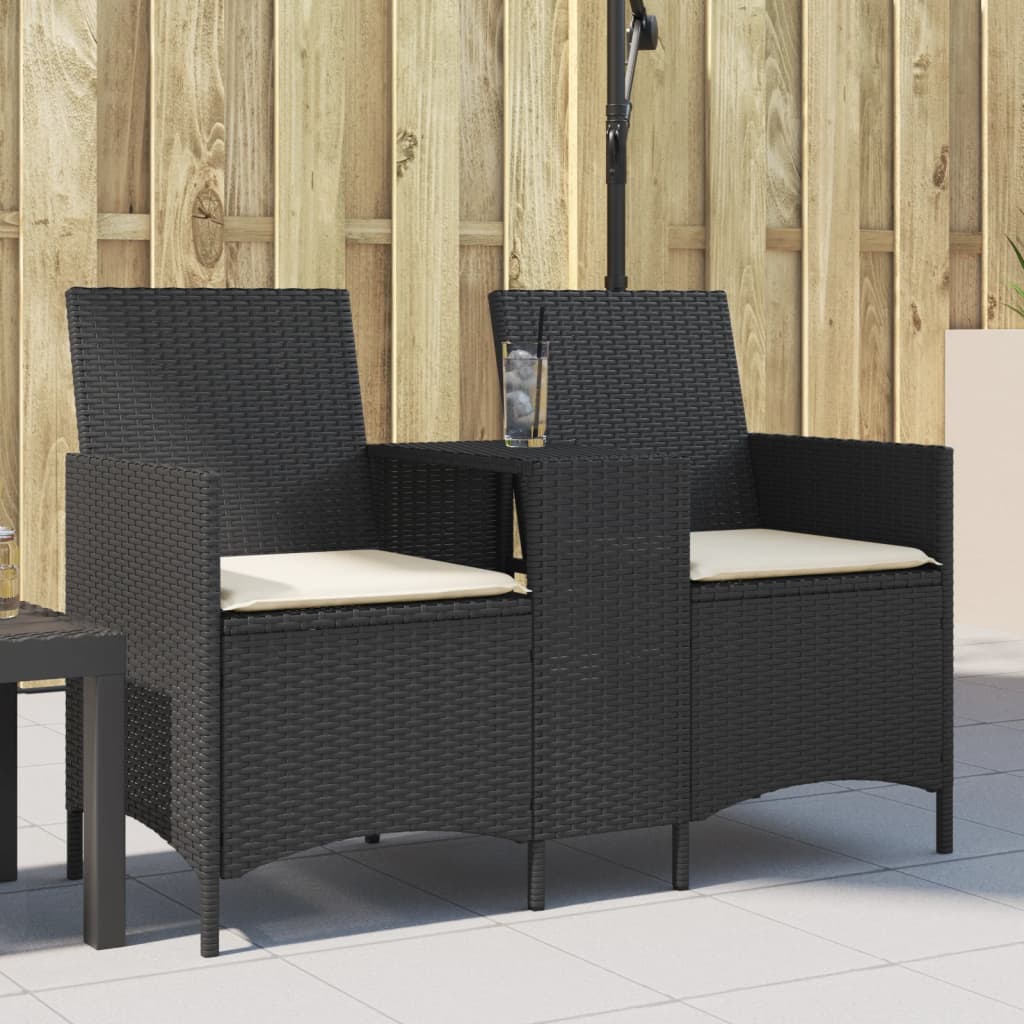 Garden Sofa 2-Seater with Table and Cushions Black Poly Rattan
