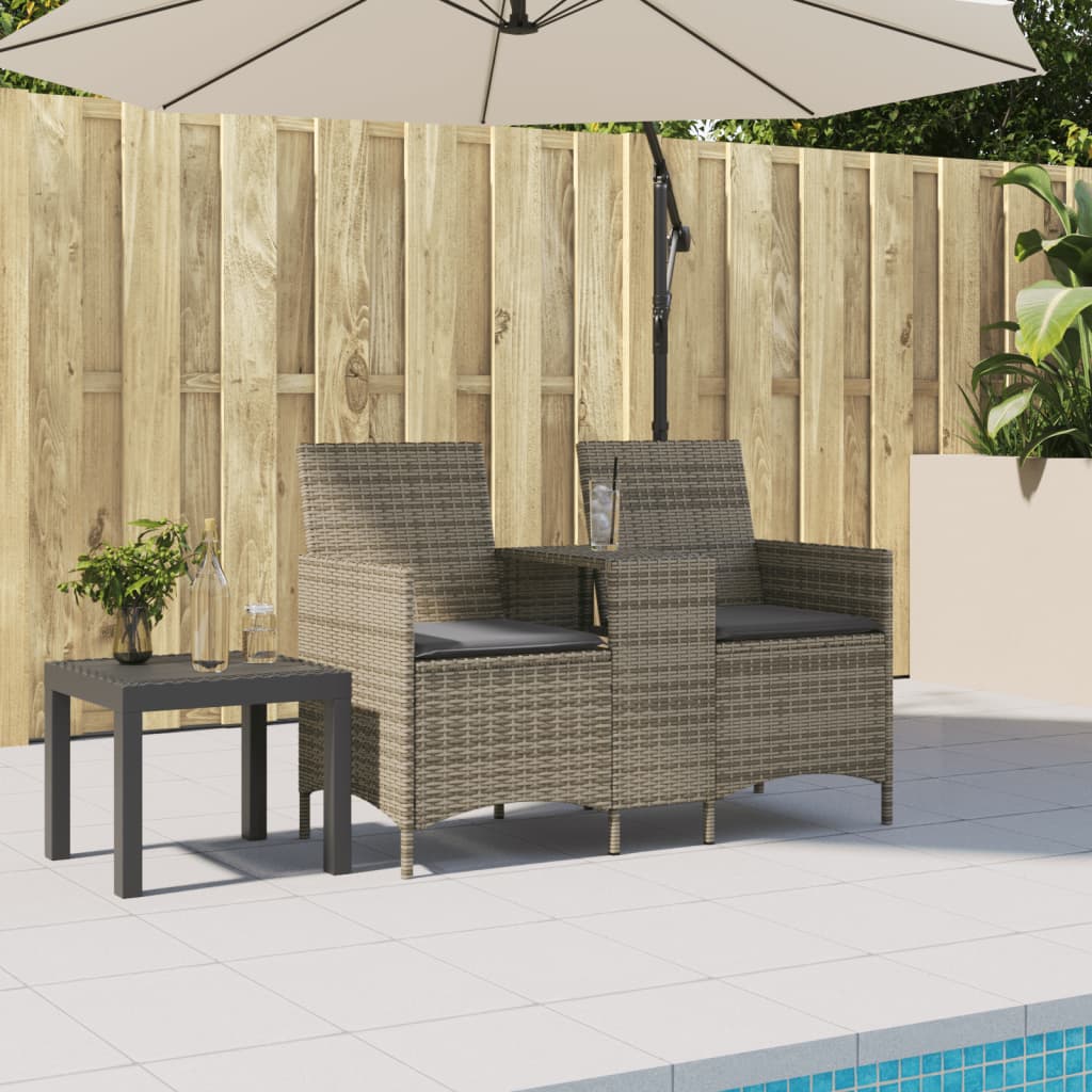 Garden Sofa 2-Seater with Table and Cushions Grey Poly Rattan