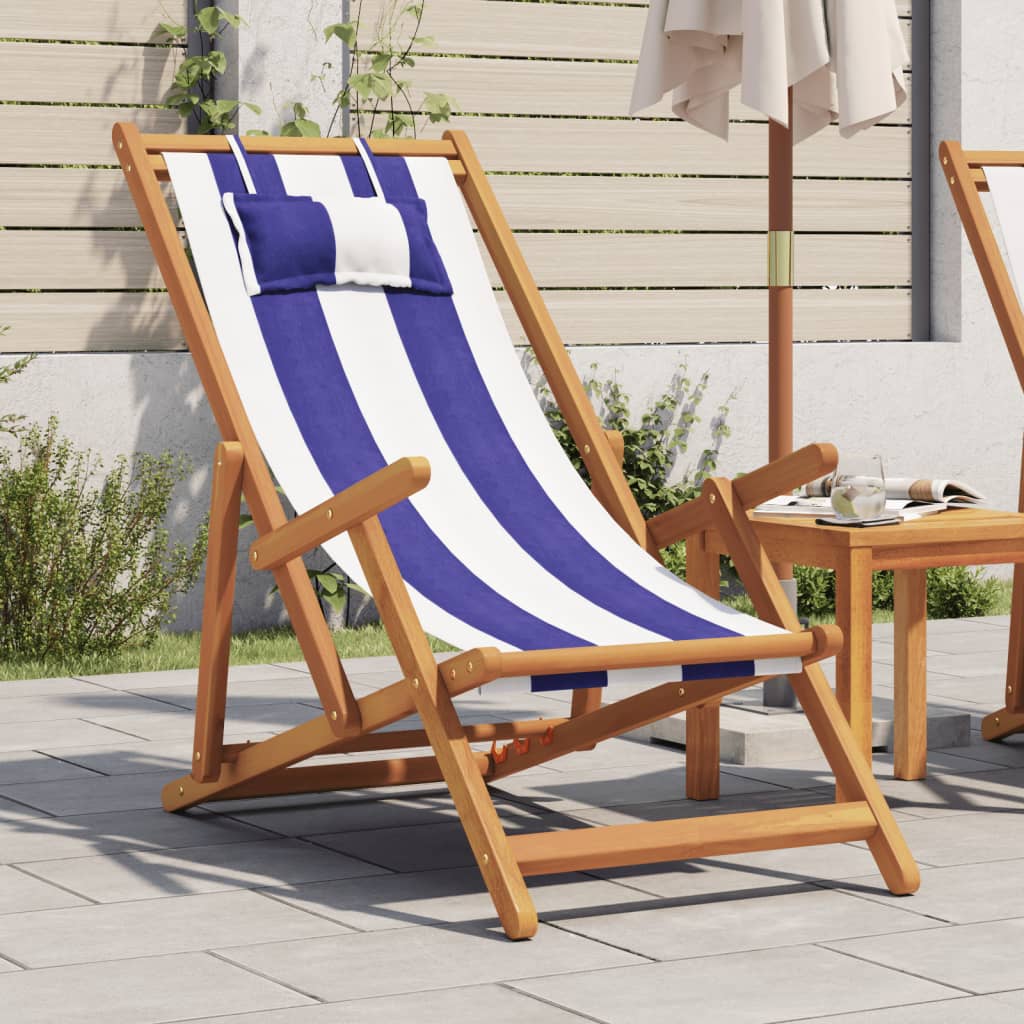 Folding Chair Blue and White Solid Wood Eucalyptus and Fabric