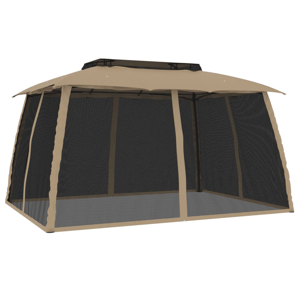 Gazebo with Double Roof&Mesh Walls Taupe 3.93x2.93 m Steel