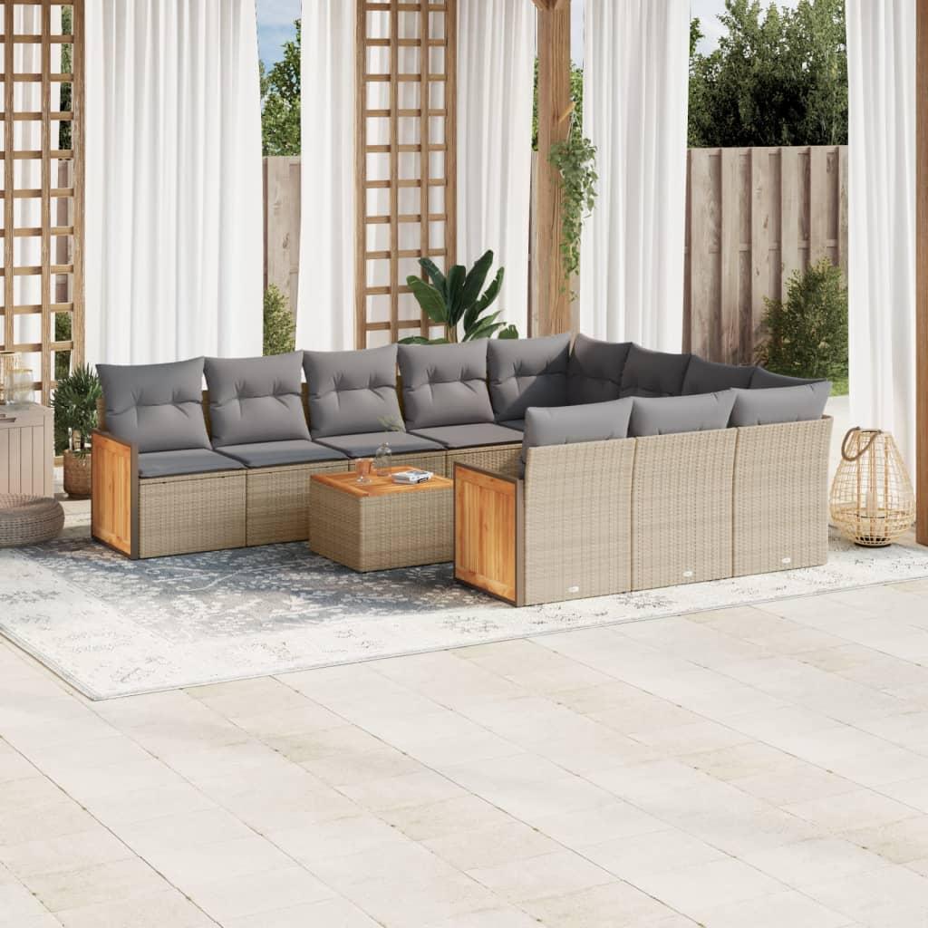 11 Piece Garden Sofa Set with Cushions Beige Poly Rattan
