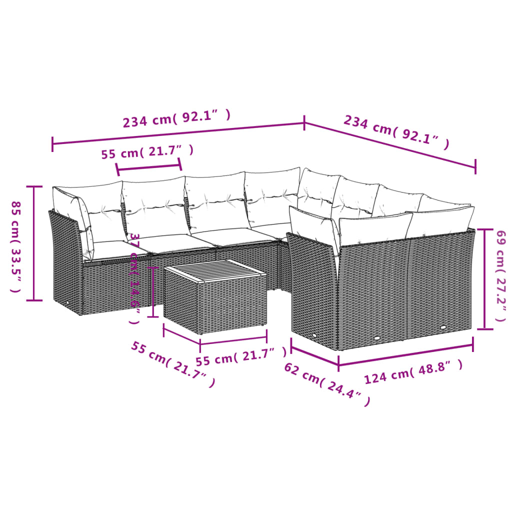 9 Piece Garden Sofa Set with Cushions Grey Poly Rattan