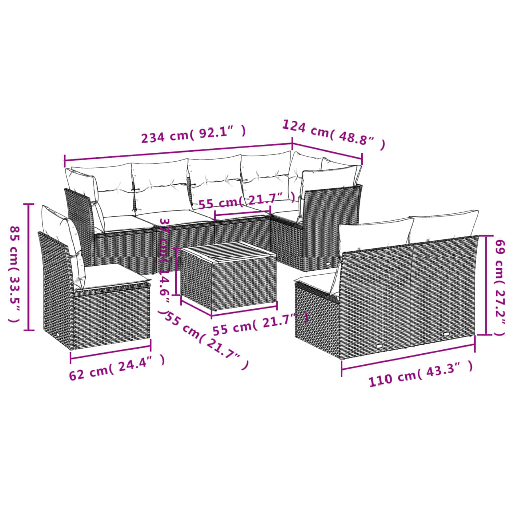 9 Piece Garden Sofa Set with Cushions Grey Poly Rattan