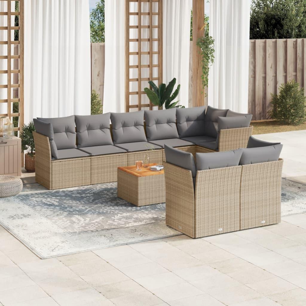 9 Piece Garden Sofa Set with Cushions Beige Poly Rattan