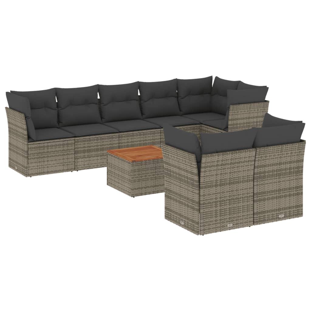 9 Piece Garden Sofa Set with Cushions Grey Poly Rattan