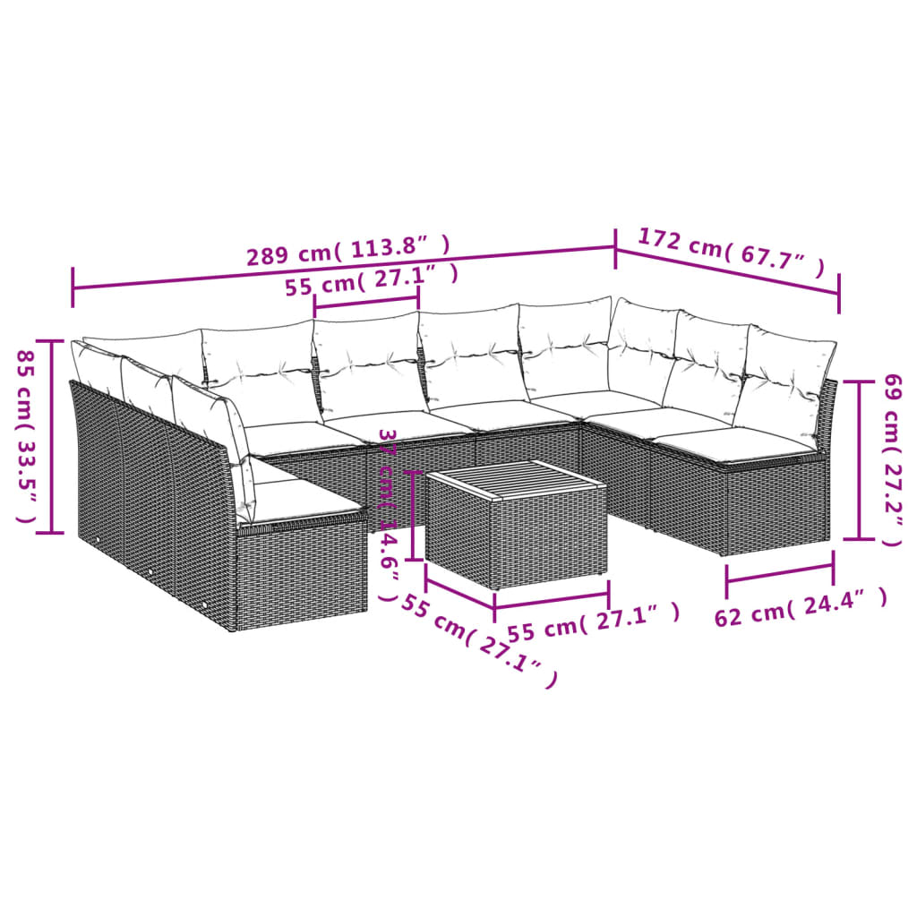 10 Piece Garden Sofa Set with Cushions Beige Poly Rattan