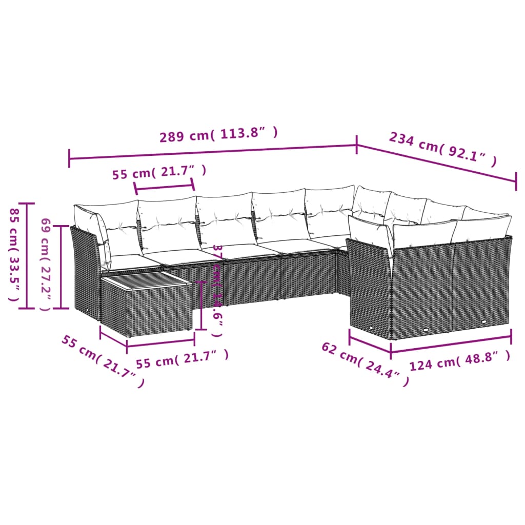 10 Piece Garden Sofa Set with Cushions Beige Poly Rattan