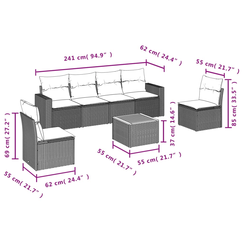 7 Piece Garden Sofa Set with Cushions Beige Poly Rattan