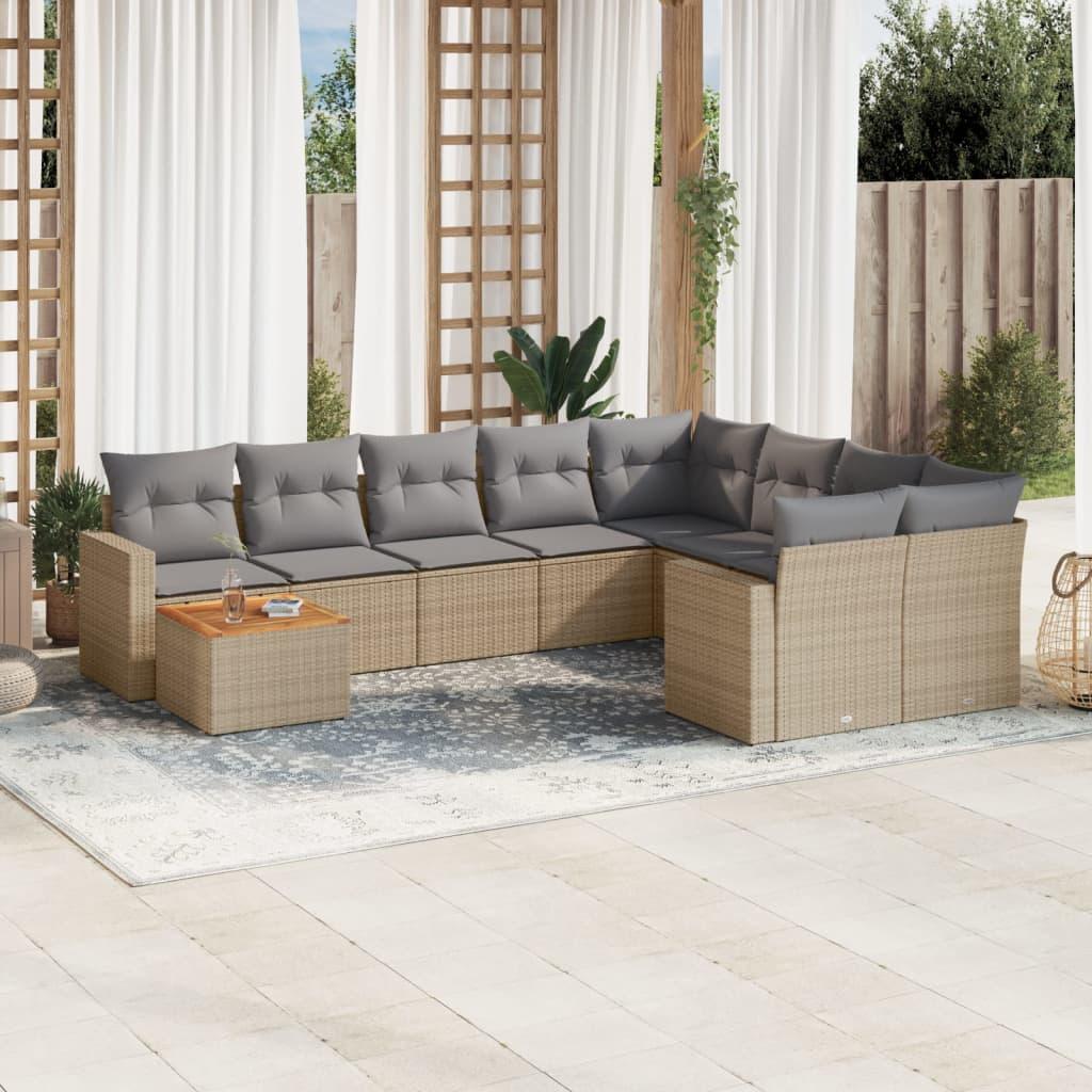 10 Piece Garden Sofa Set with Cushions Beige Poly Rattan