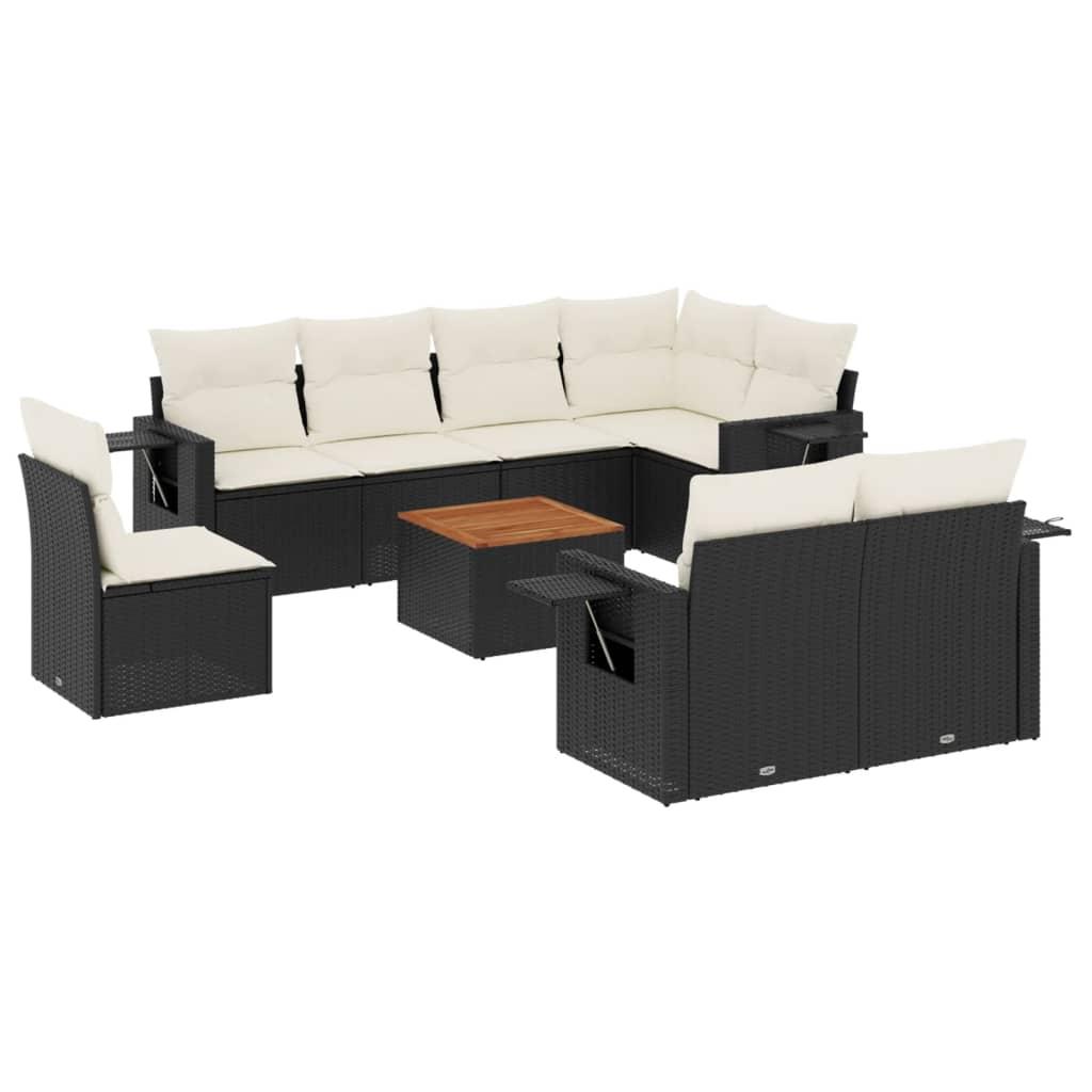 9 Piece Garden Sofa Set with Cushions Black Poly Rattan