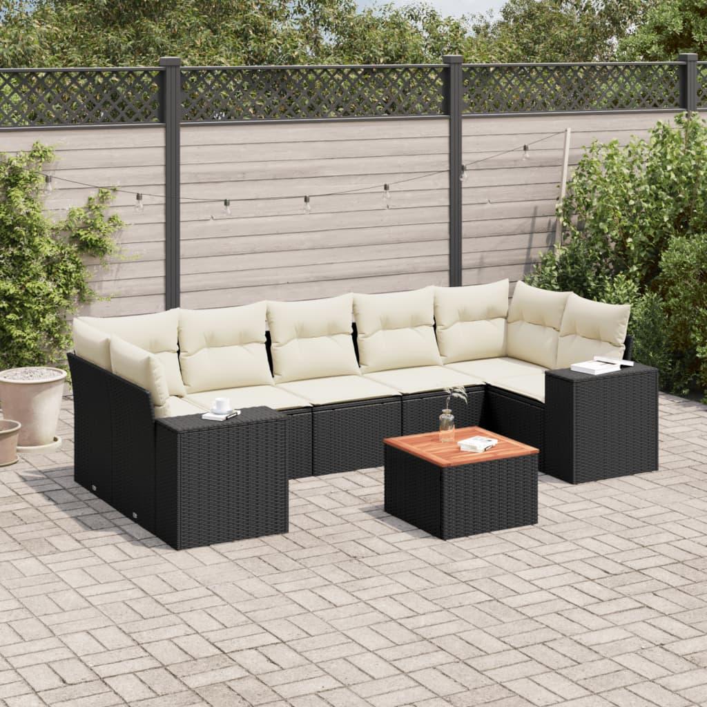 8 Piece Garden Sofa Set with Cushions Black Poly Rattan