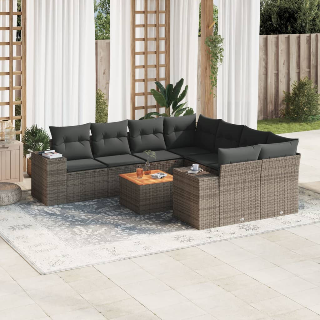 9 Piece Garden Sofa Set with Cushions Grey Poly Rattan