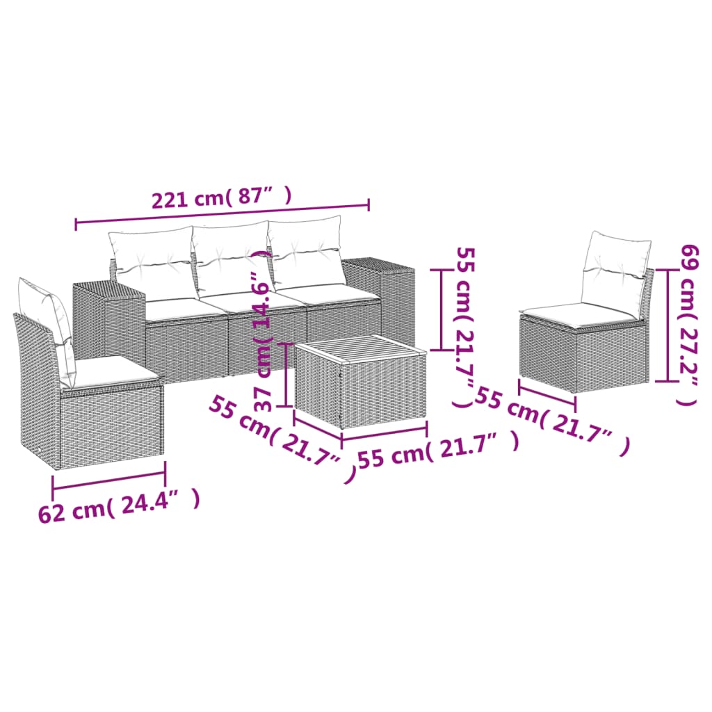 6 Piece Garden Sofa Set with Cushions Grey Poly Rattan