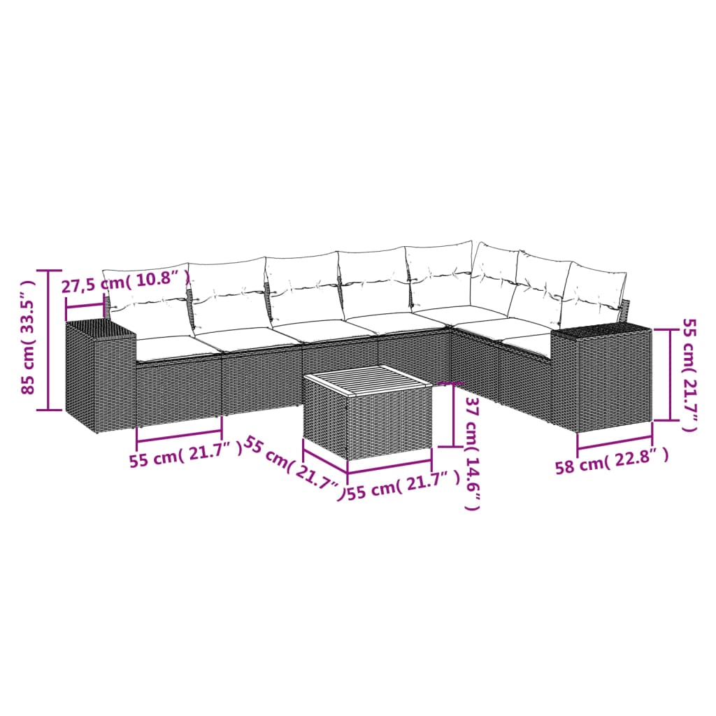 8 Piece Garden Sofa Set with Cushions Black Poly Rattan