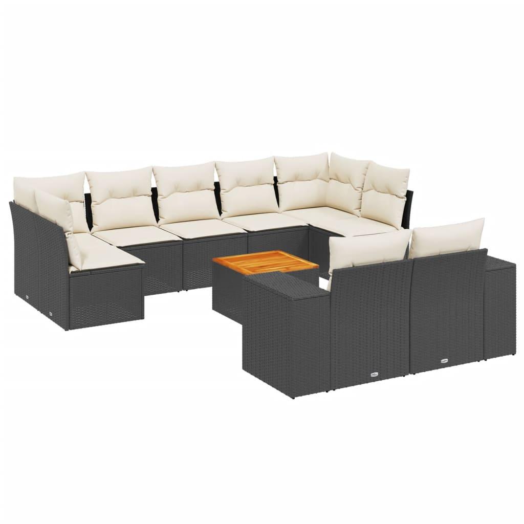 10 Piece Garden Sofa Set with Cushions Black Poly Rattan