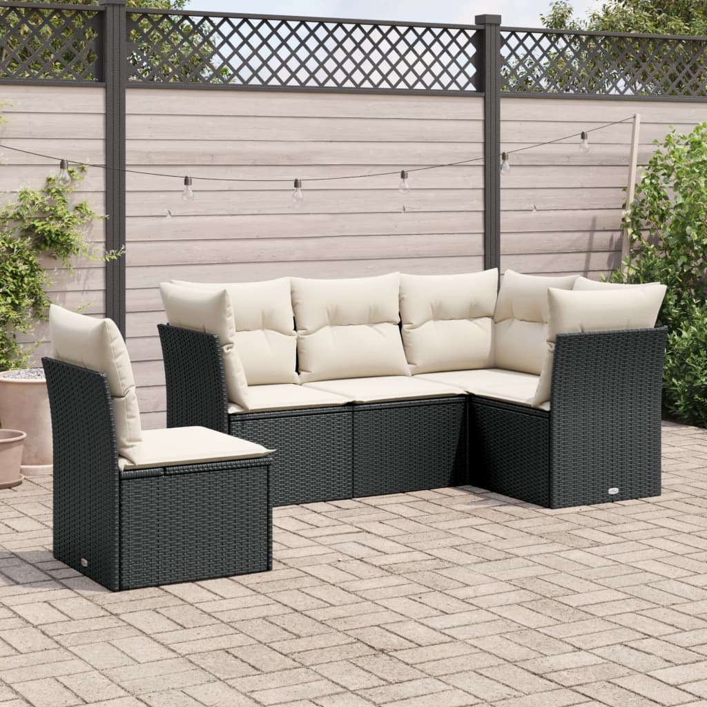 5 Piece Garden Sofa Set with Cushions Black Poly Rattan