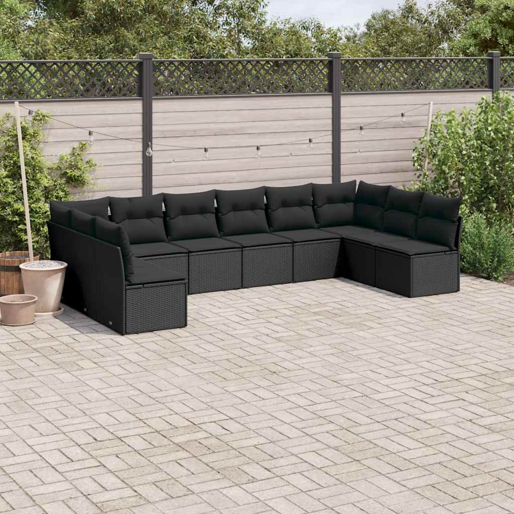10 Piece Garden Sofa Set with Cushions Black Poly Rattan