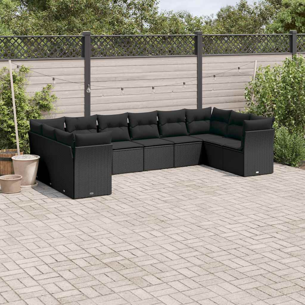 10 Piece Garden Sofa Set with Cushions Black Poly Rattan