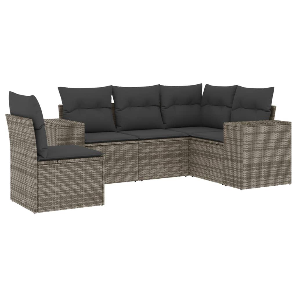5 Piece Garden Sofa Set with Cushions Grey Poly Rattan