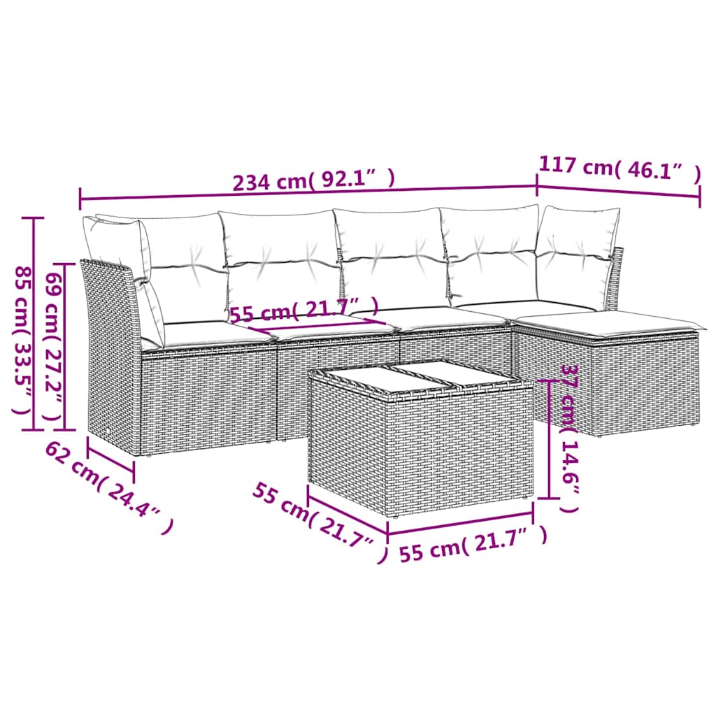 6 Piece Garden Sofa Set with Cushions Grey Poly Rattan