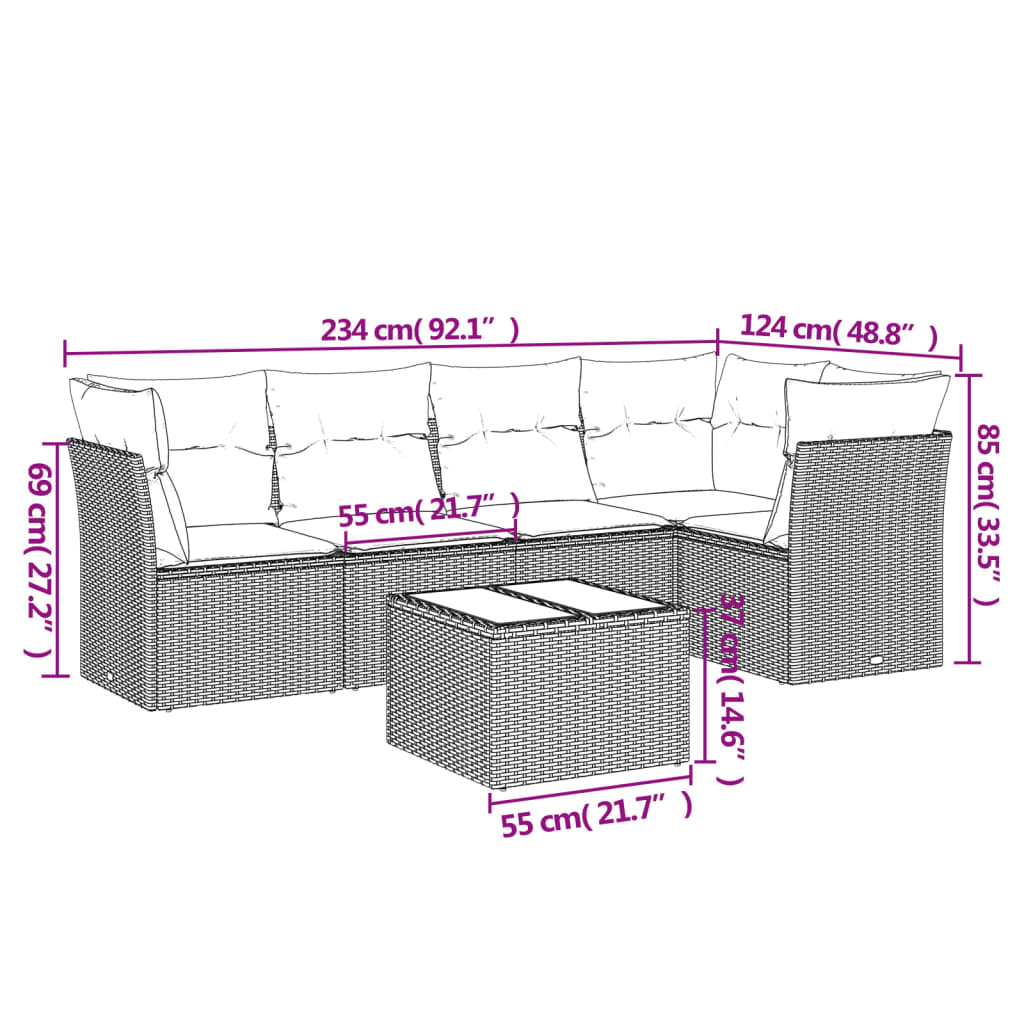 6 Piece Garden Sofa Set with Cushions Grey Poly Rattan
