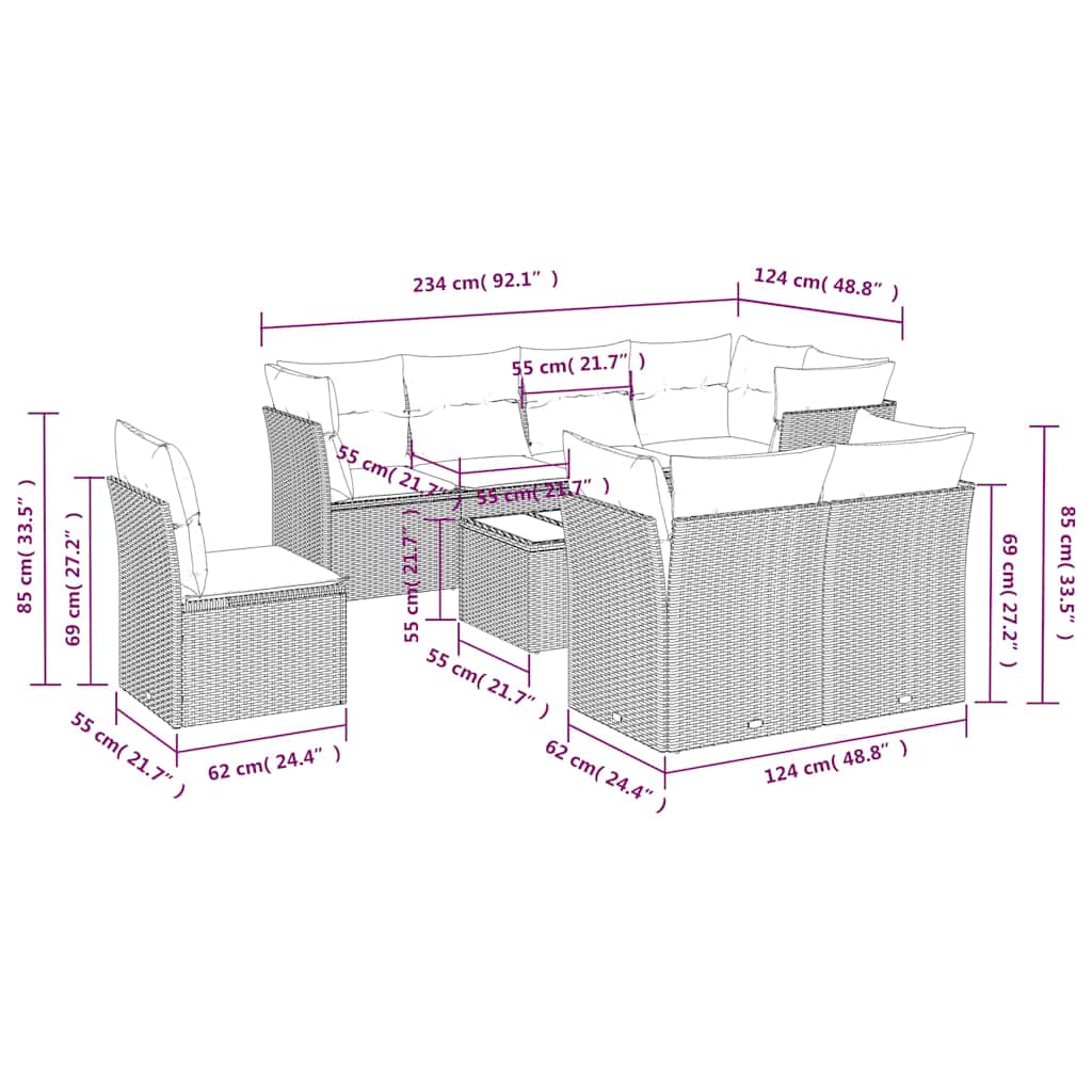 9 Piece Garden Sofa Set with Cushions Black Poly Rattan