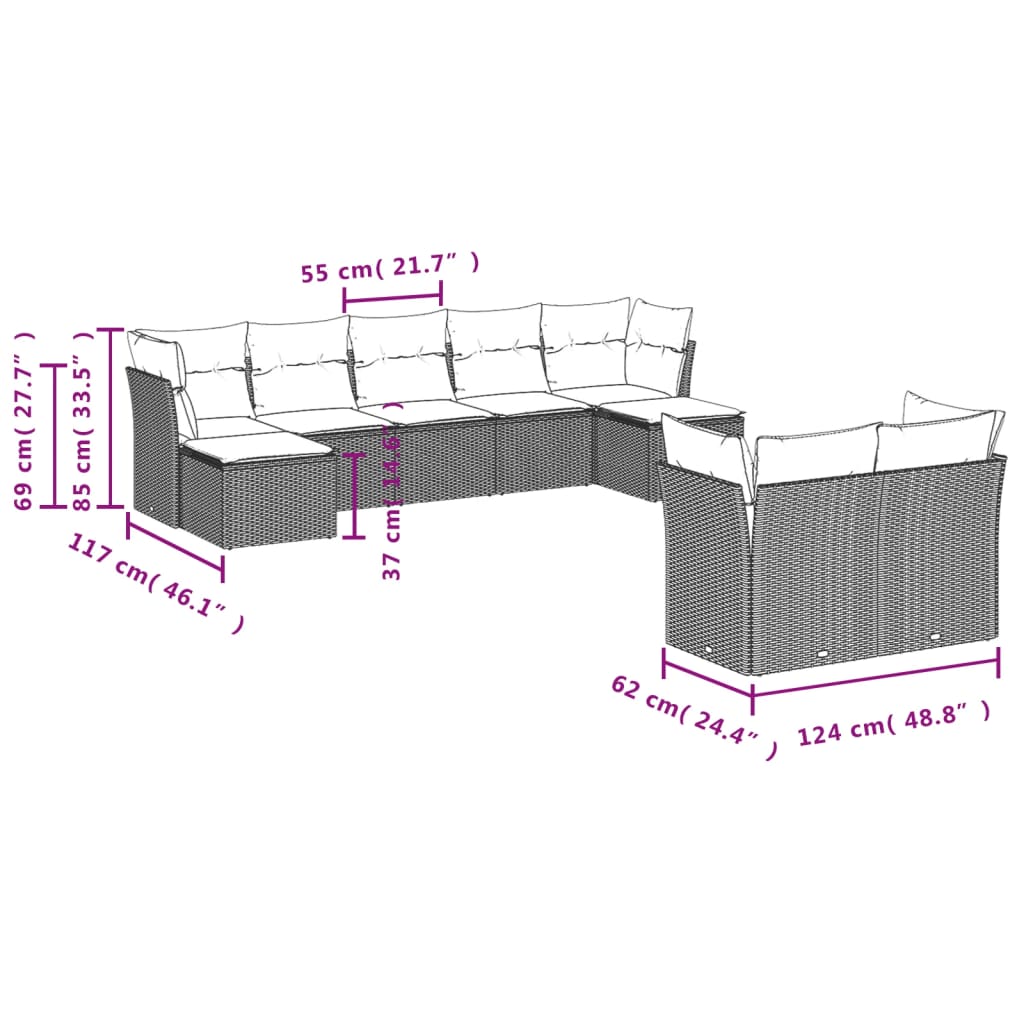 9 Piece Garden Sofa Set with Cushions Grey Poly Rattan