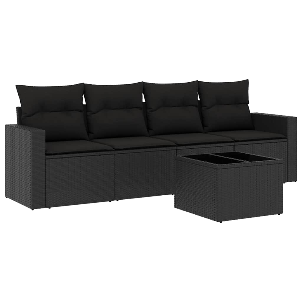 5 Piece Garden Sofa Set with Cushions Black Poly Rattan