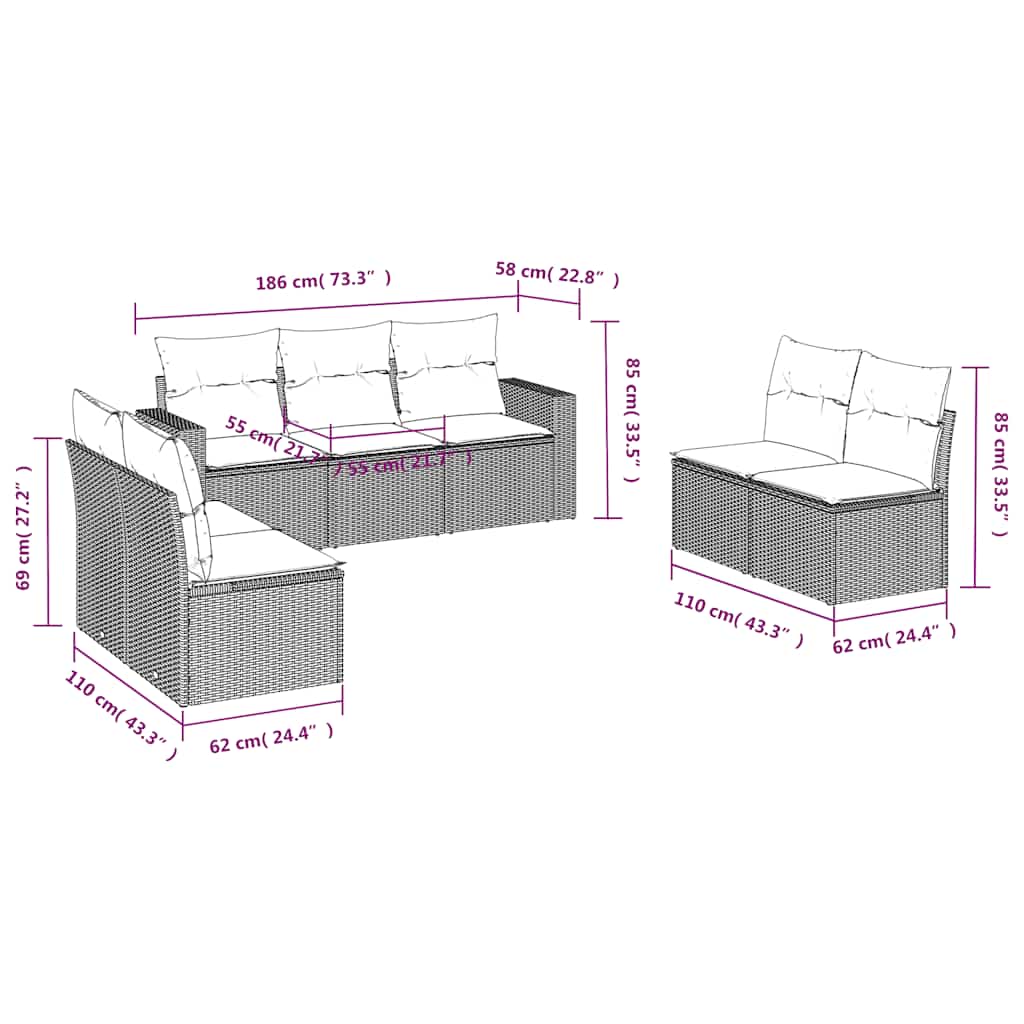 7 Piece Garden Sofa Set with Cushions Black Poly Rattan