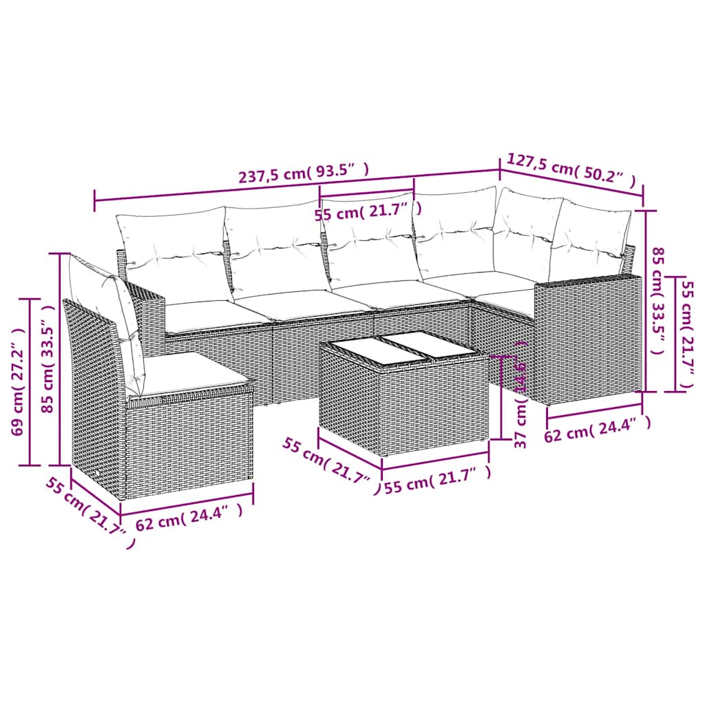 7 Piece Garden Sofa Set with Cushions Black Poly Rattan