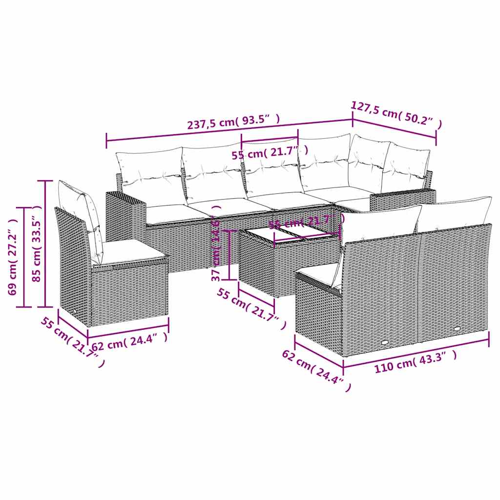 9 Piece Garden Sofa Set with Cushions Black Poly Rattan