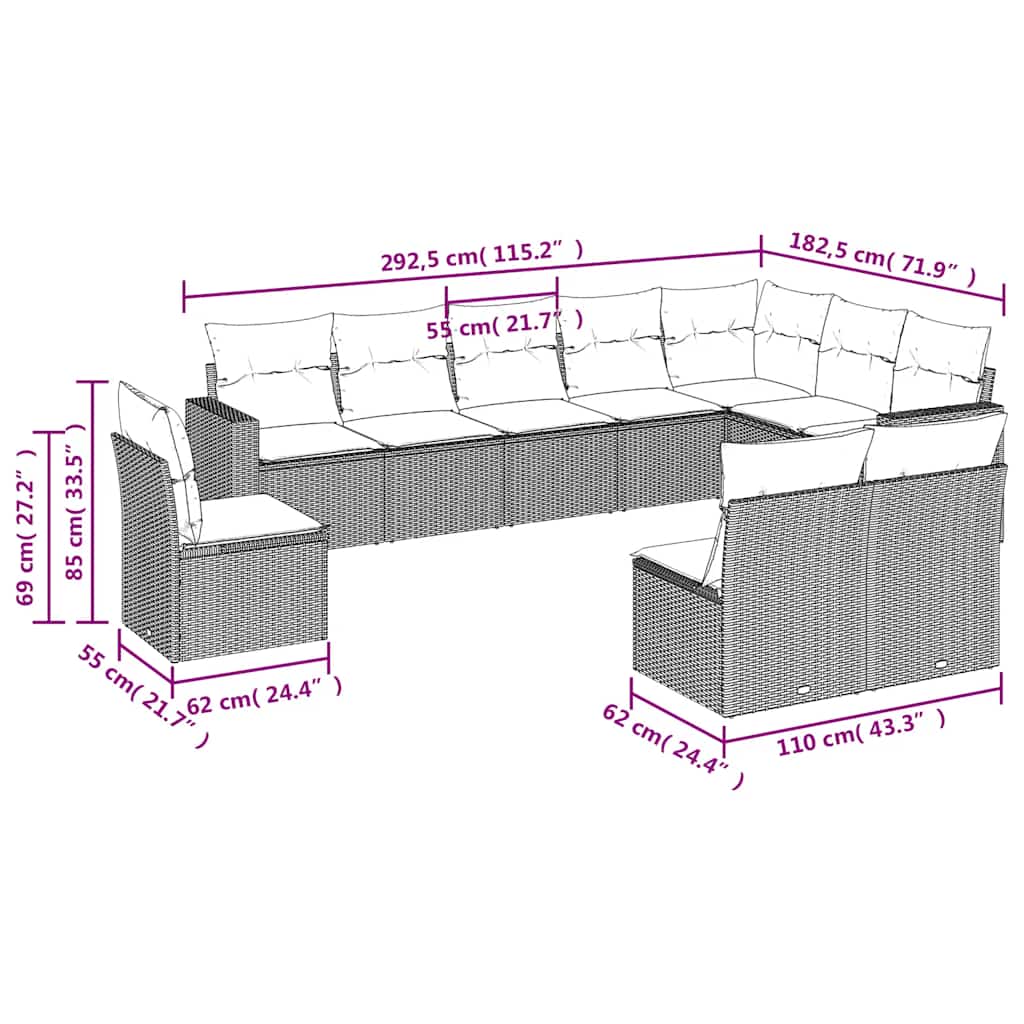 10 Piece Garden Sofa Set with Cushions Black Poly Rattan