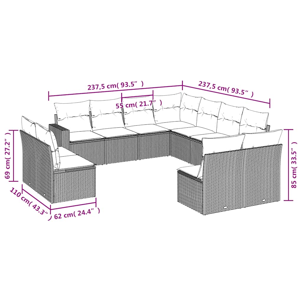 11 Piece Garden Sofa Set with Cushions Black Poly Rattan