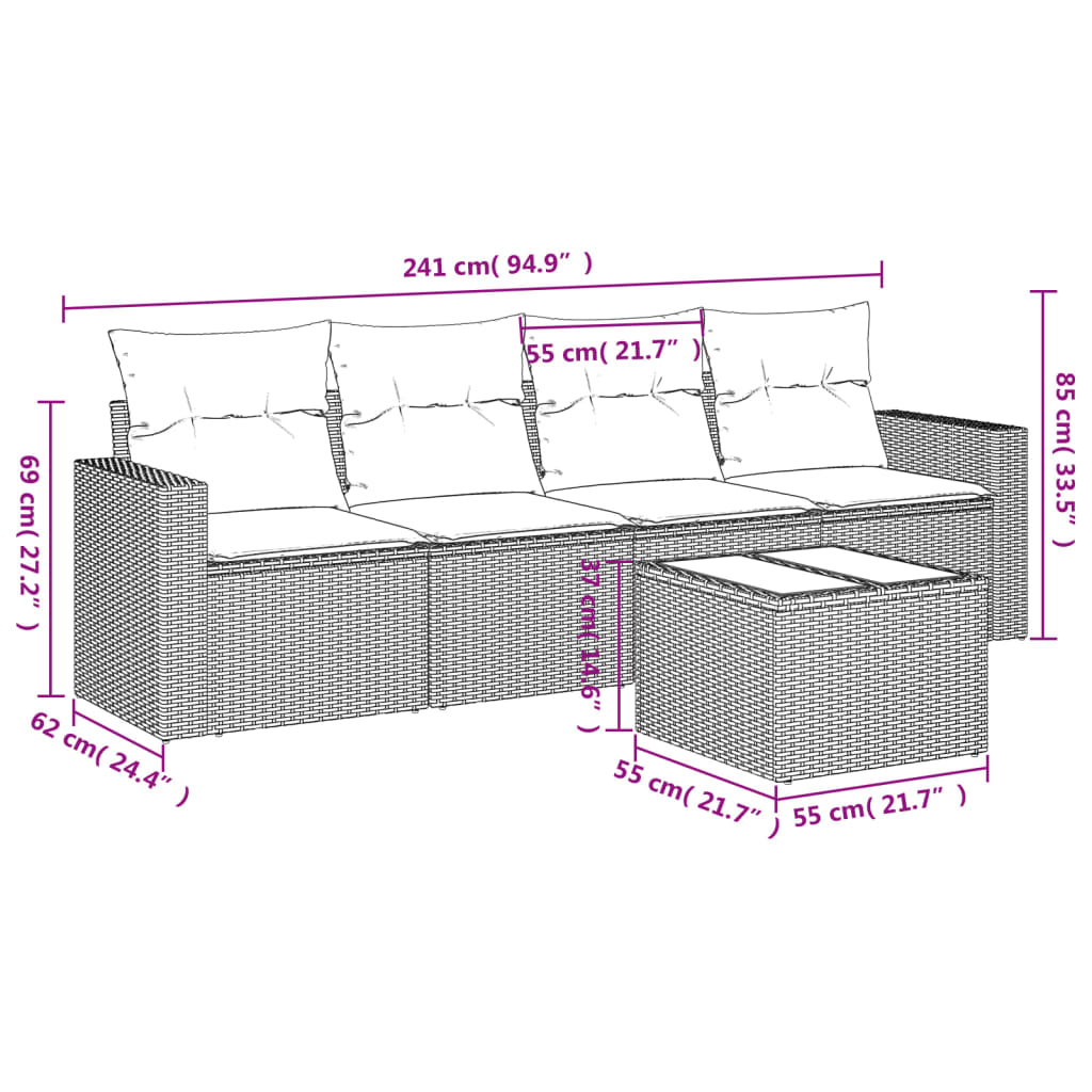 5 Piece Garden Sofa Set with Cushions Beige Poly Rattan