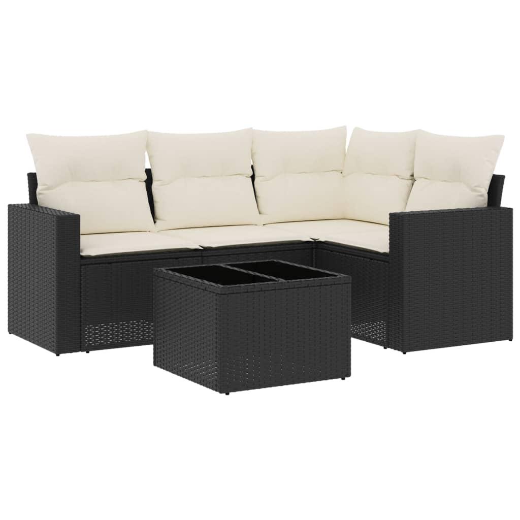 5 Piece Garden Sofa Set with Cushions Black Poly Rattan