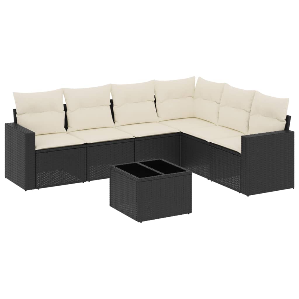 7 Piece Garden Sofa Set with Cushions Black Poly Rattan