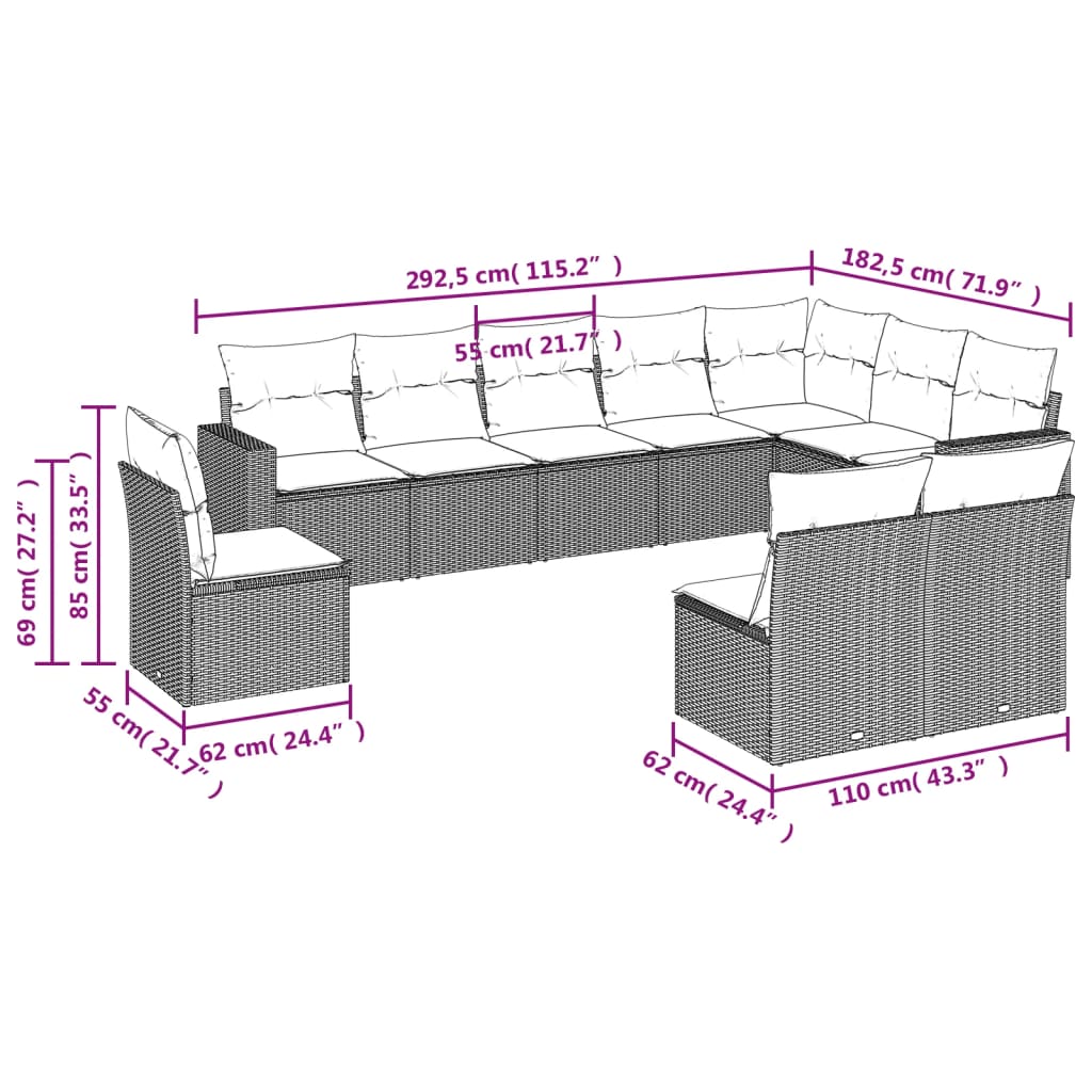 10 Piece Garden Sofa Set with Cushions Grey Poly Rattan