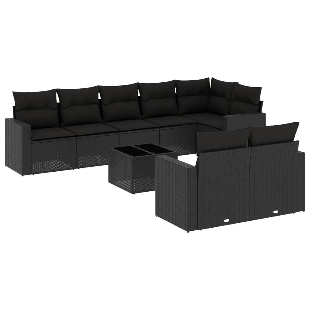 9 Piece Garden Sofa Set with Cushions Black Poly Rattan
