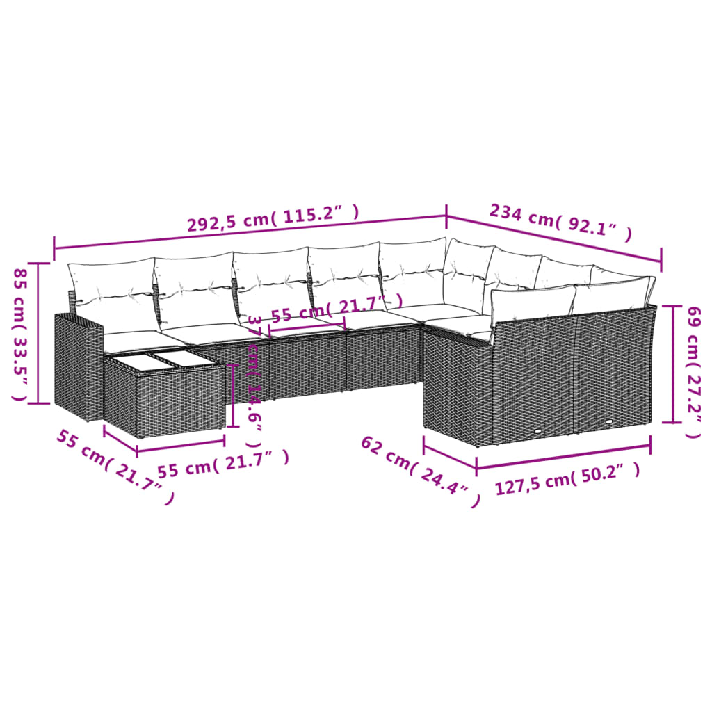 10 Piece Garden Sofa Set with Cushions Grey Poly Rattan