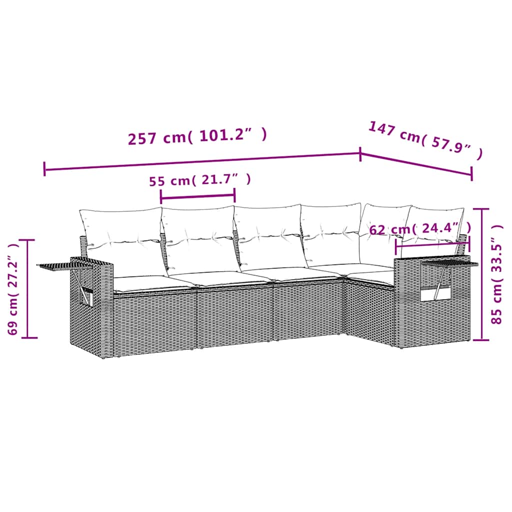 5 Piece Garden Sofa Set with Cushions Black Poly Rattan
