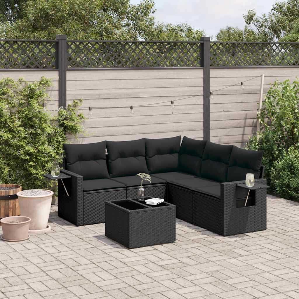 6 Piece Garden Sofa Set with Cushions Black Poly Rattan