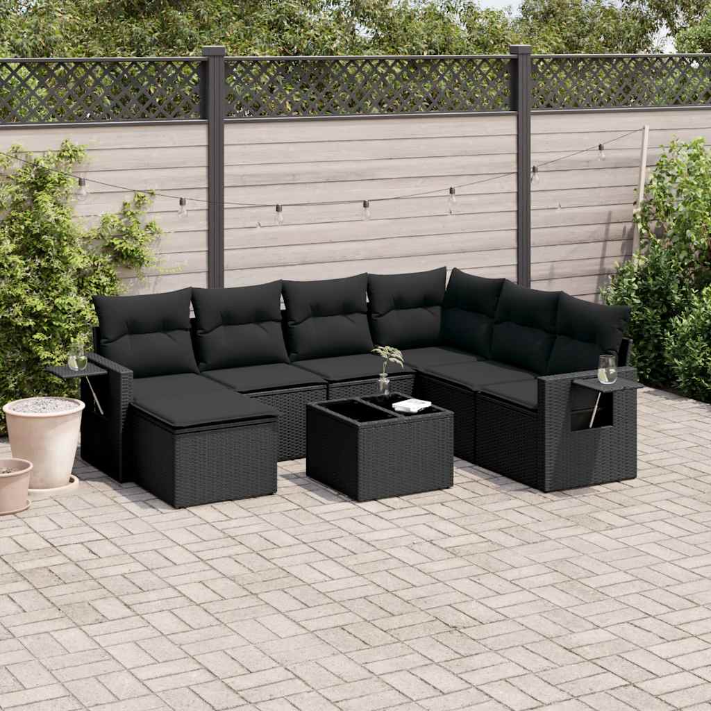 8 Piece Garden Sofa Set with Cushions Black Poly Rattan