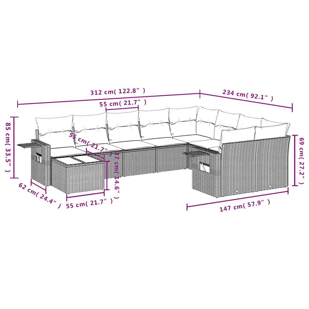 10 Piece Garden Sofa Set with Cushions Black Poly Rattan
