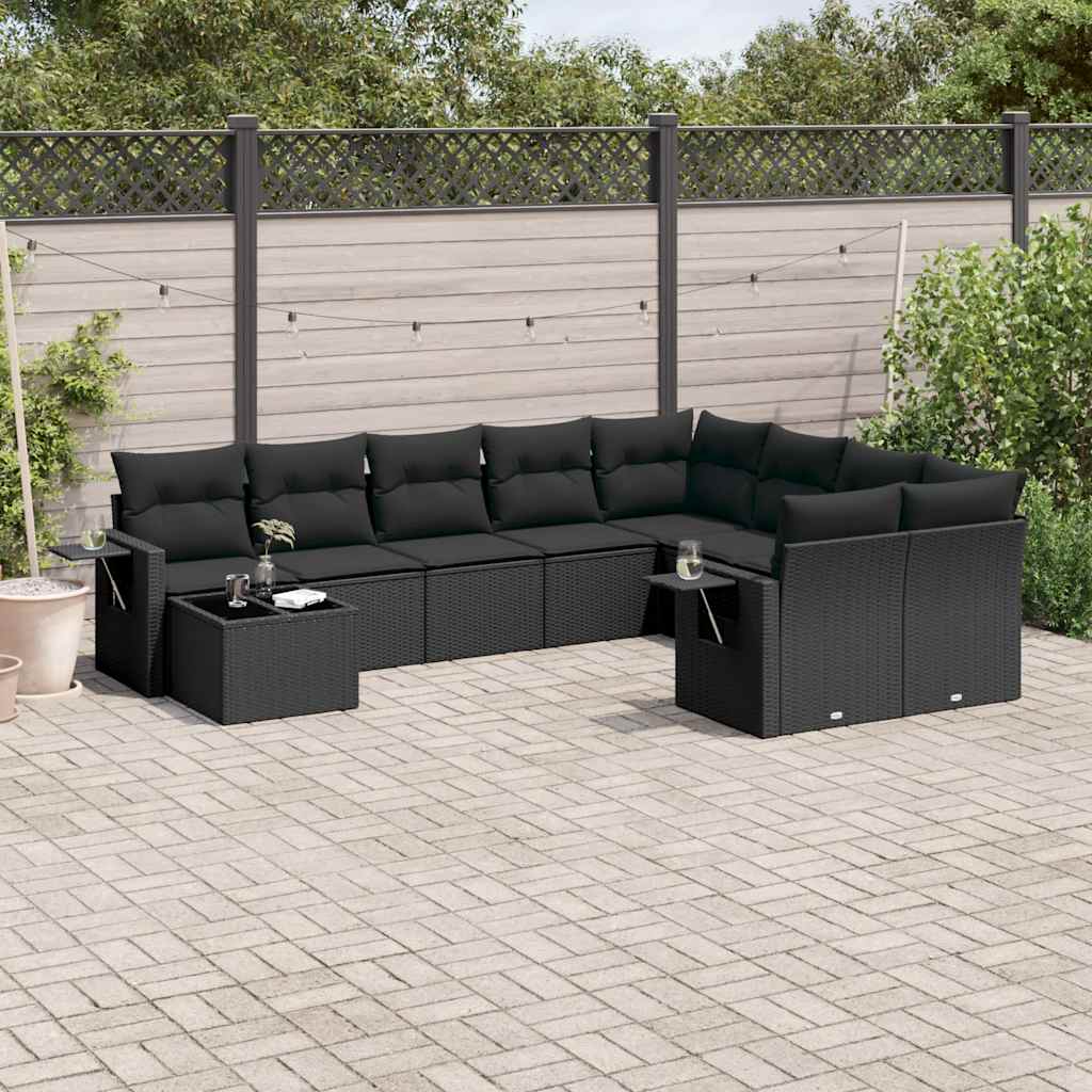 10 Piece Garden Sofa Set with Cushions Black Poly Rattan